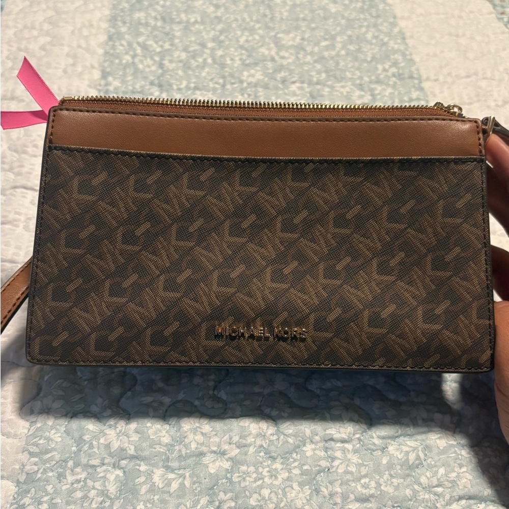 Michael Kors Brown and Tan Monogram Crossbody Bag